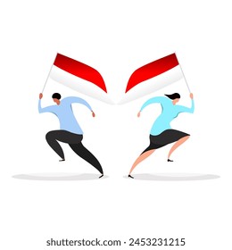 Vector of man and woman holding Indonesian flag for prototype or photo background