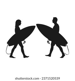 Vector man and woman holding the surfboard silhouette.