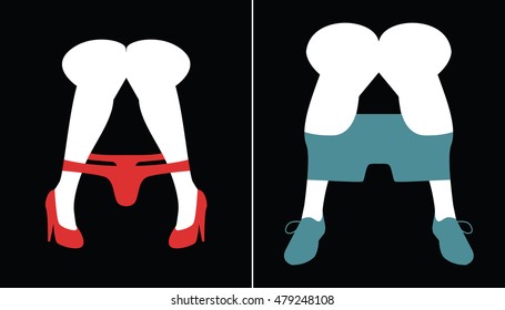 Vector man and woman icons for toilet or restroom sign. Pants down restroom symbols.