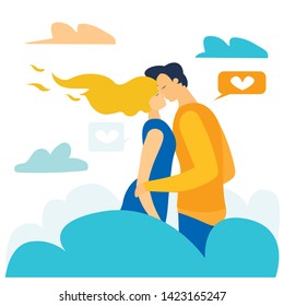 Vector Man and Woman in Love Kissing Flat Illustration. Couple in Love among Clouds on Sky. Heart in Speech Bubbles. Romantic Cartoon. People Relationships, Honeymoon, Marriage, First Dating Theme