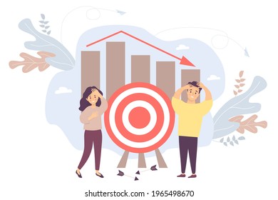 Vector. Man and a woman near a target with arrows falling. of charts and columns and a falling arrow. Business and education concept - crisis, failure, collapse of relationships and teamwork