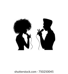 vector man and woman portrait silhouettes singing with microphone set. Isolated illustration on white background. Karaoke club design logo elements