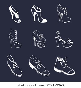 Vector man and woman shoes set. Footwear collection in sketch style.