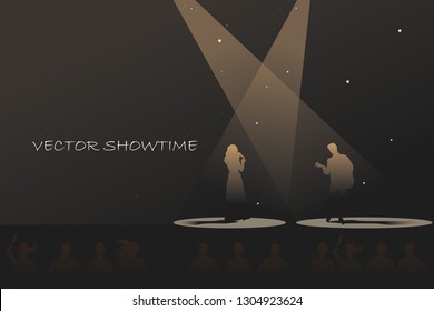 vector man and woman singing on the stage on spotlight background