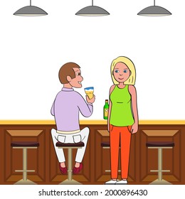 Vector man and woman sits in a bar on a chair at the counter drinks and talks in lilac and green shirts