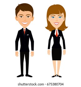 Vector man and woman standing, business people.Business team. A successful man in a black jacket.