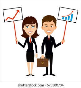 Vector man and woman standing, business people. Business team. A successful man in a black jacket. Business growth table.