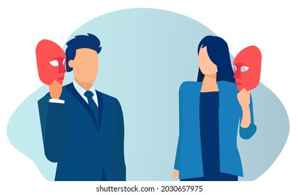 Vector of a man and a woman taking off face mask with fake positive emotion exposing real feelings behind it. 