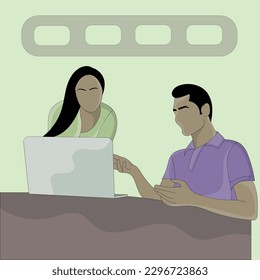 vector A man and a woman use laptop computer design
