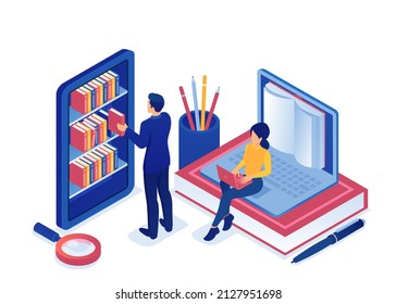 Vector Of A Man And A Woman Using Internet Education Resources, Online Library 