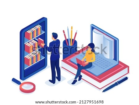 Vector of a man and a woman using internet education resources, online library 