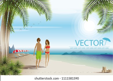 vector man and woman walking on the beach