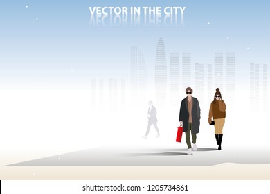 vector man and woman walking on the city street