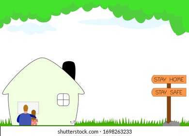 Vector - Man and woman watching television in house with natural view. Quarantine, self-isolation, social distancing.  Wording "Stay Home, Stay Safe" concept. Safety for Coronavirus, Covid-19.