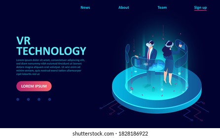 Vector of a man and woman wearing goggle VR headset  interacting with touch interface 
