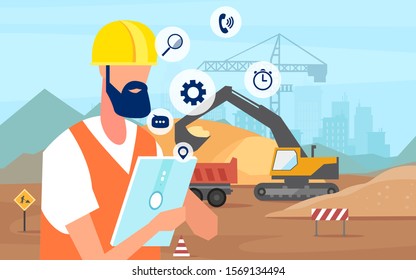 vector of a man worker in helmet, construction engineer using tablet app managing a new building project 