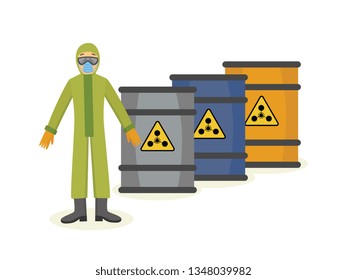 Vector man worker in protective uniform equipment near radiation container. clothing for work in contaminated dangerous areas, dirty chemical manufacturing. Industrial safety wear on male character