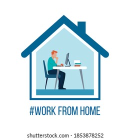 Vector of a man working on his computer online from home