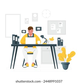 Vector of man working on his desk. Man focusing her job on his desk use laptop. Youngman study using laptop on his desk. Man work from home on her desk.