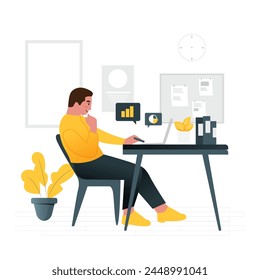 Vector de hombre trabajando en su mesa. El hombre que centra su trabajo en su escritorio usa una laptop. El joven estudia usando una laptop en su escritorio. Un hombre trabaja desde casa en su escritorio.