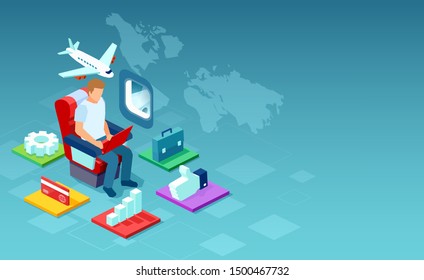 Vector of a man working on laptop computer online using inflight WiFi provided by airline. 