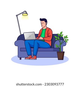 vector man working on laptop sitting on sofa