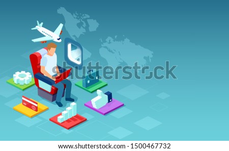 Vector of a man working on laptop computer online using inflight WiFi provided by airline. 