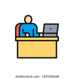 Vector man at workplace, office working, boss flat color line icon.