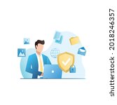 Vector man works safely in laptop with shield, padlock. Protection of data, personal information, documents, correspondence on Internet, yellow folder. Antivirus, security program.