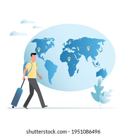 Vector man with world map, suitcases. Tourist travels along specific, planned route around world through travel agency. Open borders, vacation travelers. Guy visits and lives in different countries.