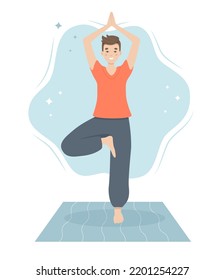Vector man in yoga tree pose practicing indian meditation. Male spiritual practice and mental therapy. Hindu recreation and health lifestyle