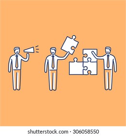 Vector management skills icon of one manager and two businessman building puzzle | modern flat design soft skills linear illustration and infographic on orange background