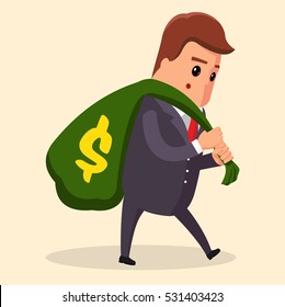 Vector manager or Business concept. Man in suit, businessman carrying big and heavy money bag on his back illustration, flat