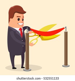 vector manager or businessman cuts ribbon with scissors