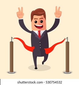 Vector manager or businessman at finish line. A man in  suit crosses the  , red ribbon. Illustration. cartoon  winner.  character . Flat .