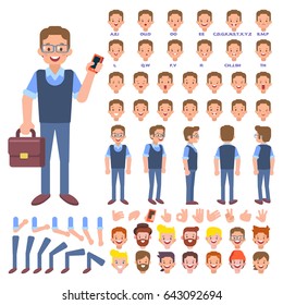 Vector manager character for your scenes. Character creation set with various views, hairstyles, face emotions, lip sync, poses and gestures. Parts of body template for animation and design.