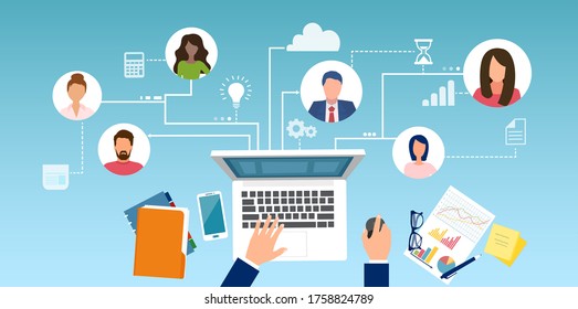 Vector of a manager communicating with employees online and working on the project, remotely from home