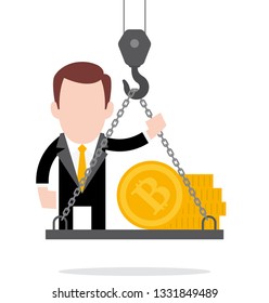 Vector manager standing on a ramp with bitcoons lifted by a crane machine. Isolated white background.