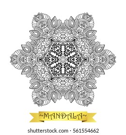 Vector Mandala art. Floral round lace ornament. Flower doodle in the  oriental style. Adult coloring book  page. Outline medallion.