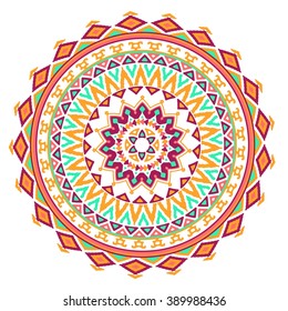 Vector mandala background with bohemian, Oriental, Indian, Arabic, Aztec motifs.Bright colorful geometric round decorative element for your design. 