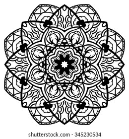 Vector mandala with black outline on a white background. Round element of ornament. Template for design. Sketch for tattoo.