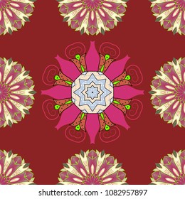 Vector Mandala. Boho style flower. Tiled mandala design, best for print fabric or papper and more. Red, pink, beige, green and orange colors.