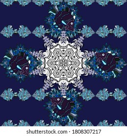 Vector Mandala. Boho style flower seamless pattern. Neutral, white and blue colors. Tiled mandala design, best for print fabric or papper and more.