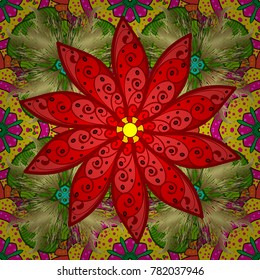 Vector Mandala. Boho style flower seamless pattern. Tiled mandala design, best for print fabric or papper and more. Red, yellow and green colors.