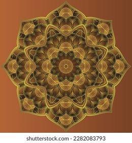Vector mandala in brown color with yellow gold outline