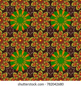 Vector Mandala. Brown, yellow and green colors. Boho style flower seamless pattern. Tiled mandala design, best for print fabric or papper and more.