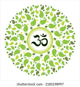 Vector Mandala Circle Made Of Green Leaves With Om Symbol In The Center