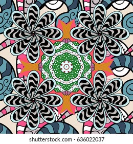 Vector Mandala colored on blue background. Abstract texture. Orient, symmetry lace, meditation symbol. Arabic Vintage decorative ornament. East, Islam, Thai, Indian, ottoman motifs. Mandala pattern.