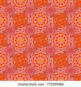 Vector Mandala colored on orange, pink colors. East, Islam, Thai, Indian, ottoman motifs. Arabic Vintage decorative ornament. Mandala pattern. Orient, symmetry lace, meditation symbol. Ethnic texture.