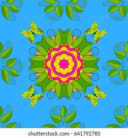Vector Mandala. Colored round ornament pattern on a blue background.